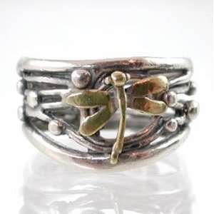 Freeform Dragonfly Wide Band Ring in Sterling Silver and Bronze   size 