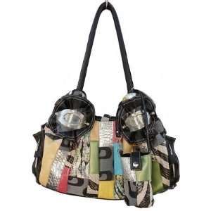 Patchwork Fabric Like Shoulder Handbag with Side Rings Ruffled Accents