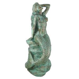  30 Inch Tall Mermaid On Rock Statue Verdigris Finish