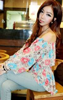 2012 Summer Women Chiffon Floral Flat Shouldere T shirt Blouse VC055 