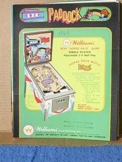   advertising flyer for the Williams PADDOCK pinball machine of 1969
