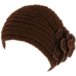 Hand Knit Headwrap Headband Chunky Flower Beaded Brown  