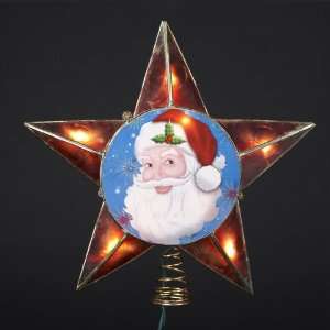  10 Lighted Santa Face on Red Star Christmas Tree Topper 
