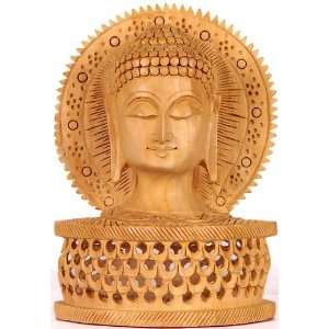  Buddha Head with Aureole   Wood Sculpture