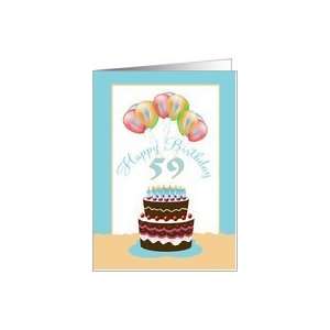  59th Happy Birthday Cake Lit Candles and Balloons Card 