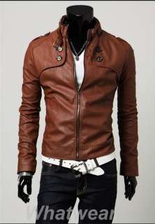 Mens Slim Fitted PU Leather Coat Jacket Brown 3 Size Z74  