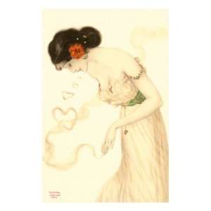  Woman with Heart Shaped Smoke Rings, Art Nouveau Giclee 