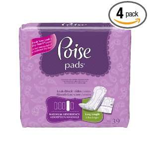  Poise Maximum Absorbency Pads, Long, 39 Count (Pack of 4 