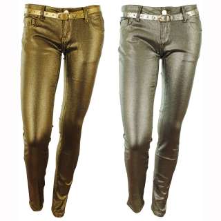Yuliana New Womens Shiny Metallic Snake Belted Skinny Ladies Jeans 