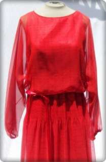   70s Victor Costa Sheer Peasant Boho Red Maxi Long Dress B38  