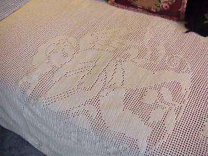 Vintage Bed Coverlet Hand Crochet ANGEL & FLORAL CUPID  
