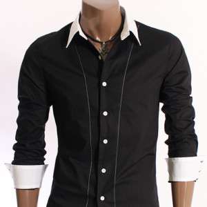 Mens Casual 2Tone Line Dress Shirts BLACK (XJ10  