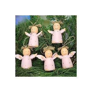  NOVICA Wood ornaments, Pink Angel Choir (set of 5)
