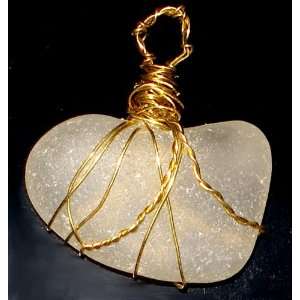   Clear SEA GLASS PUFFY HEART wire wrapped PENDANT 
