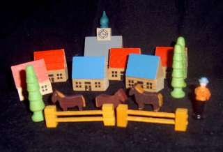 Vintage Putz Germany Wooden Houses Church Fence Man Trees Figures 