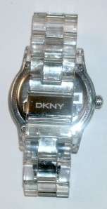 DKNY Silver Tone Clear Plastic Resin Bracelet White Dial Womens Watch 