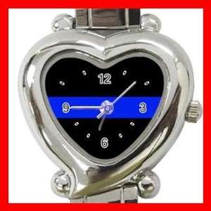Thin Blue Line Police Officer Heart Italian Charm Watch  