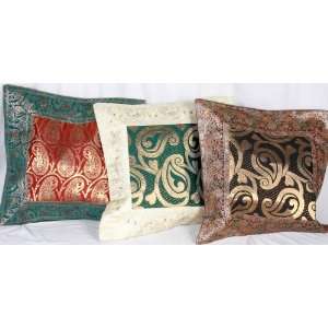   Banarasi Cushion Covers with Brocade Woven Paisleys   Cotton Silk
