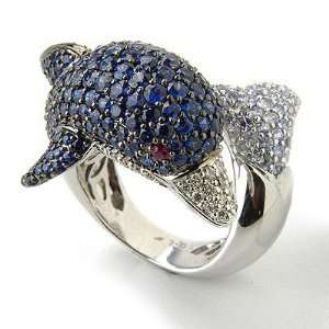    18K White Gold Sapphire, Ruby & Diamond Dolphin Ring Jewelry