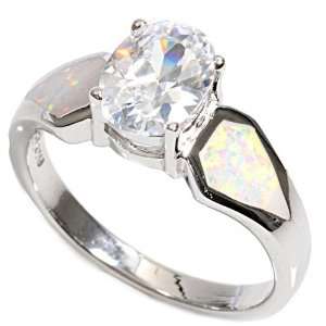 Sterling Silver 9mm Clear CZ & White Lab Opal Ring (Size 6   9)   Size 