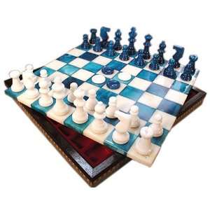   Alabaster Chess Set with Checkers in Inlaid Chest
