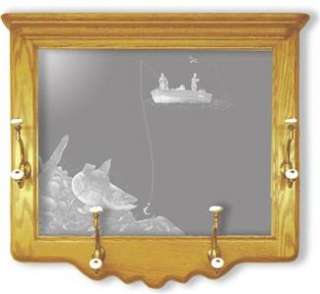 Walleye Etched Wildlife Art Mirror Oak Framed Coat Rack  
