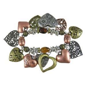  Dangling Heart Tri Tone Stretch Charm Bracelet Jewelry