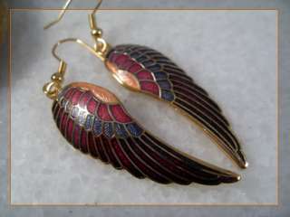 gold plated cloisonne enamel red angel wing dangle earrings 6159