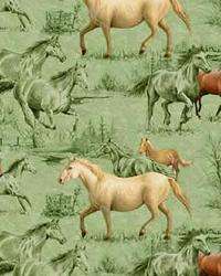 The background is a soft green grassy field. Wild horses gallop 