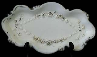 VTG WHT MILK GLASS OVAL PIN TRAY ROSES BOWS PATTERN WOW  