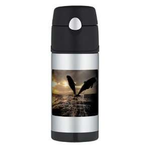   Thermos Travel Water Bottle Dolphins Flying in Sunset 