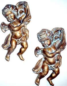HOME INTERIORS WHITEWASHED GOLD CHERUBS PLAQUES SET EXCELLENT 