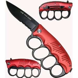  9 Red Trench Extreme Folder W/Knuckles   Serrated Blade 