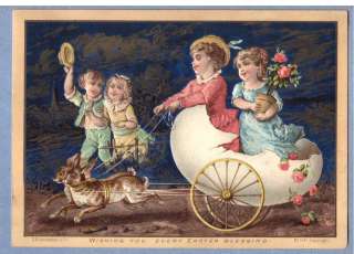 0311* ANTIQUE EASTER CARD VICTORIAN CHILDREN RIDES EGG CART BEING 