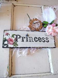 Shabby Cottage Chic Princess Decor Plaque Roses Crown Pink Cream 