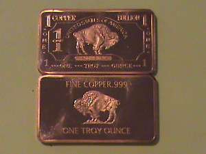 troy oz copper buffalo bullion bar .999 fine/solid/pure  