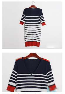 Korean Fashion V neck Stripe Women`s Sweaters Mini Dress T shirt 