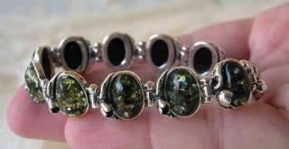BALTIC GREEN or HONEY AMBER & STERLING SILVER TULIP LINK CHAIN 