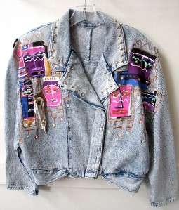   1980s Handpainted Southwestern Navajo Studded Acid Washed Denim Jacket