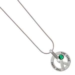 Silver Ribbon Charm on The Cure Snake Chain Necklace Emerald Crystal