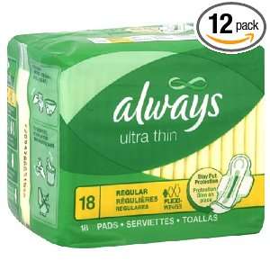 Always Ultra Thin Regular with Wings, Unscented Pads 18 Count (Case of 