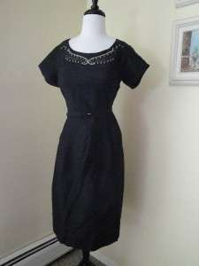 Vintage 40s 50s Black Raw Silk Dress M Beaded Pearls Party Prom 