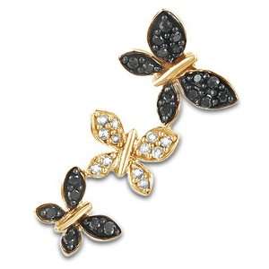  Silver Yellow Gold Plated Diamond Black and White Diamond Butterfly 