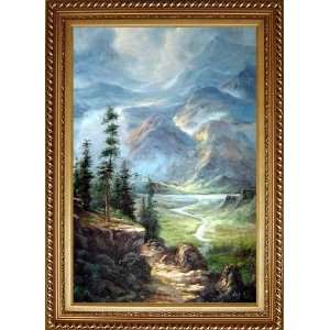  A Small River under Mountains Oil Painting, with Exquisite 