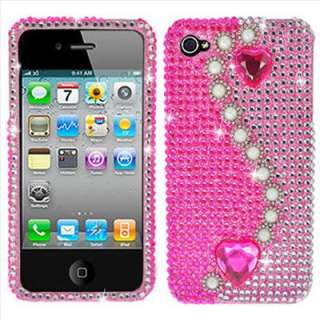 Apple iPhone 4S Sprint Verizon AT&T Pink Heart Bling Hard Case Cover 