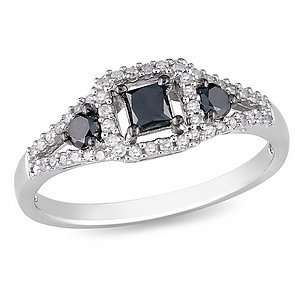 Amour 1/2 CT Black and White Diamond TW Fashion Ring Silver, 8, 1 ea