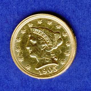 1905 $2 1/2 DOLLAR LIBERTY GOLD COIN AU DETAIL  
