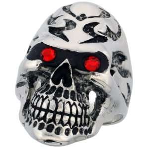  Surgical Stainless Steel Tribal Skull Ring w/ Flaming Red Eyes 
