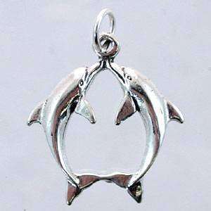 Small Double Dolphin or Porpoise Pendant or Charm in Sterling Silver 