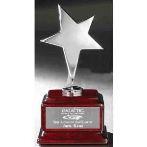 Astronomy   Silver metal star award on wooden base.  